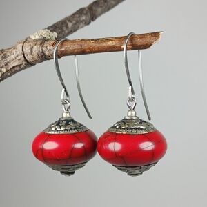 HAND CRAFTED Boho Red Tibetan Silver Statement Dangle Drop Earrings